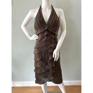 Cache Vintage Y2k Iridescent Brown Ruffle Halter Cocktail Midi Dress size 4